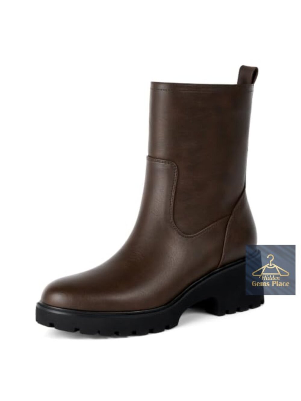Women's Round Toe Chunky Heel Lug Sole Ankle Boots Faux Leather Side Zip